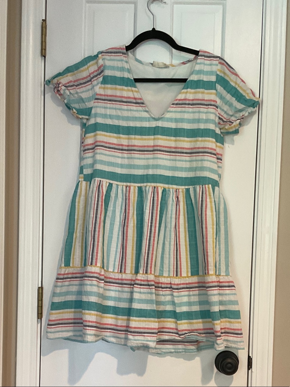 Altar'd State Girls' Teal, White & Yellow Striped V-Neck Dress